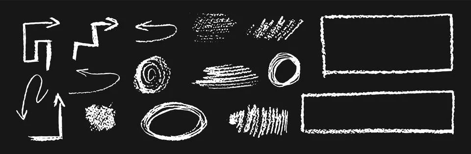 Set of chalk graphic elements. Rectangular frames, ovals, arrows and scribbles イラスト素材