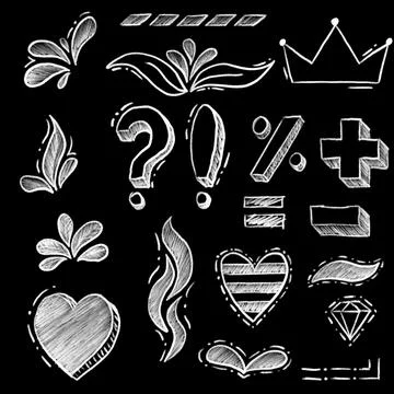 Set of chalk or crayon doodle hand drawn elements. Stock Illustration