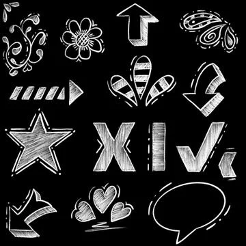 Set of chalk or crayon doodle hand drawn elements. Stock Illustration