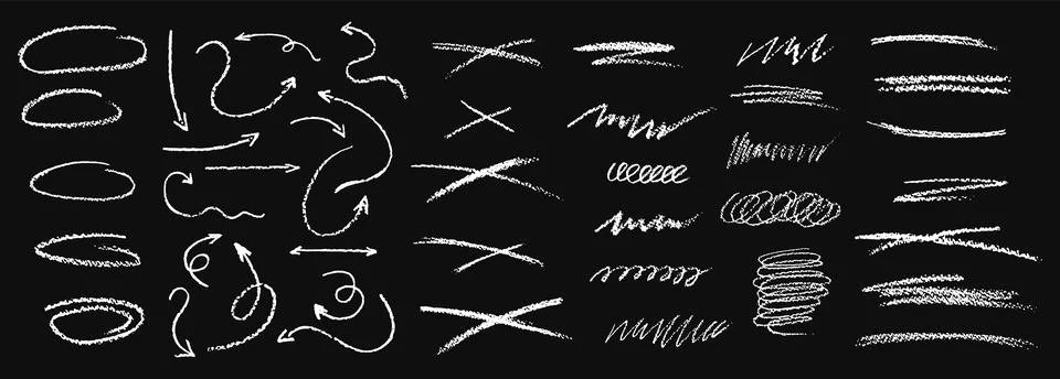 Set of chalk scribble arrows, frames and line brush elements. Collection of Stock Illustration