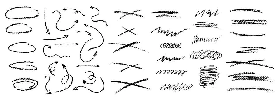 Set of chalk scribble arrows, frames and line brush elements. Collection of 스톡 일러스트