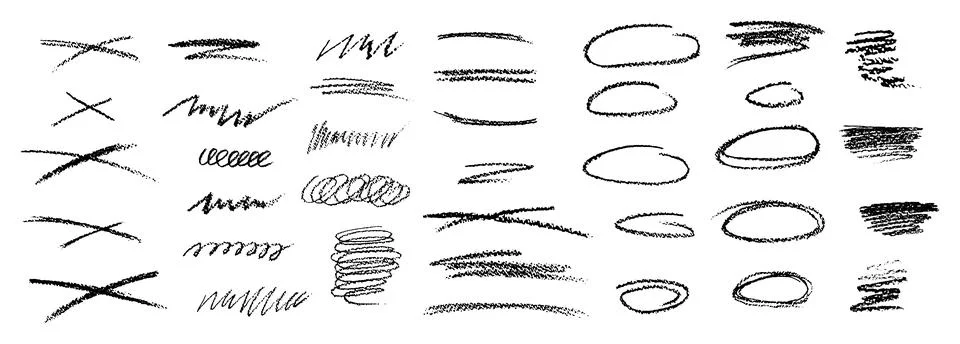 Set of chalk scribble frames and line brush elements. Collection of black wax Stock Illustration