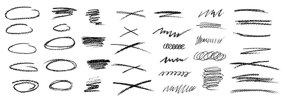 Set of chalk scribble frames and line brush elements. Collection of black wax Illustrazione stock