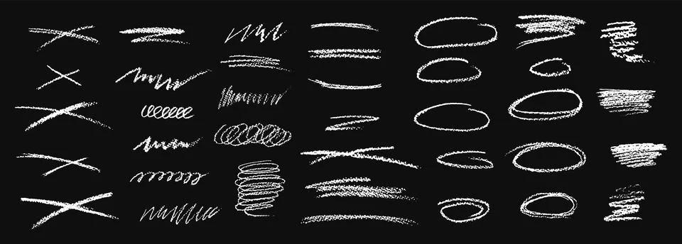 Set of chalk scribble frames and line brush elements. Collection of white wax Illustrazione stock