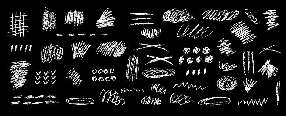 Set of chalk scribble frames and line brush elements. Collection of white wax Stock Illustration