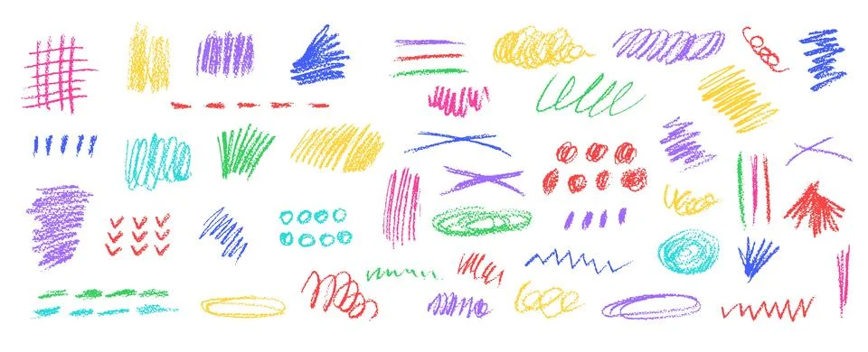 Set of chalk scribble frames and line brush elements. Collection of white wax Stock Illustration