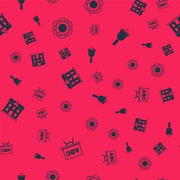 Set Chalkboard, Atom, School building and Ringing bell on seamless pattern Stock Illustration