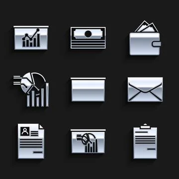 Set Chalkboard, Board with graph chart, Document, Envelope, Resume, Pie 스톡 일러스트
