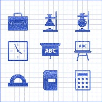 Set Chalkboard, Book, Calculator, Protractor grid for measuring degrees, Clock Stockillustratie