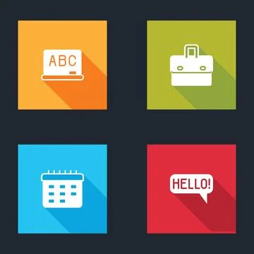 Set Chalkboard, Briefcase, School timetable and Hello in different language.. Stock Illustration