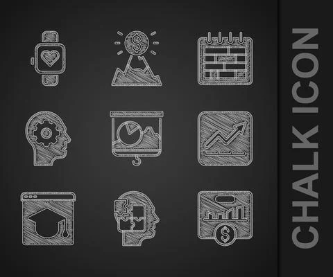 Set Chalkboard with chart, Head puzzles strategy, Key performance indicator Stock Illustration