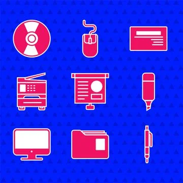 Set Chalkboard with diagram, Document folder, Pen, Marker pen, Computer monitor Stock Illustration