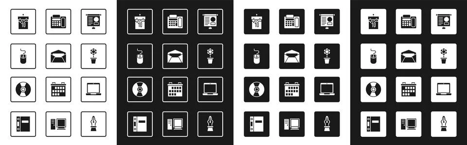 Set Chalkboard with diagram, Envelope, Computer mouse, Calendar, Flower in pot Illustrazione stock