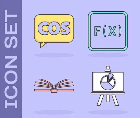 Set Chalkboard with diagram, Mathematics function cosine, Open book and Function Illustrazione stock