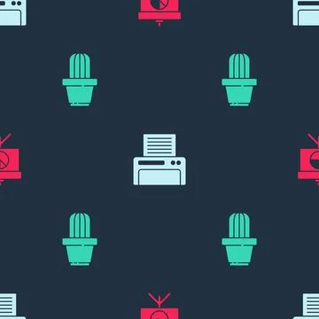 Set Chalkboard with diagram, Printer and Cactus and succulent pot on seamless 스톡 일러스트