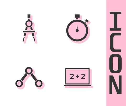 Set Chalkboard, Drawing compass, Molecule and Stopwatch icon. Vector Stock-Illustration