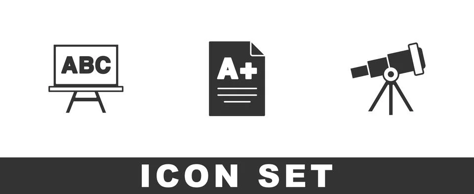 Set Chalkboard, Exam sheet with A plus grade and Telescope icon. Vector Stock Illustration