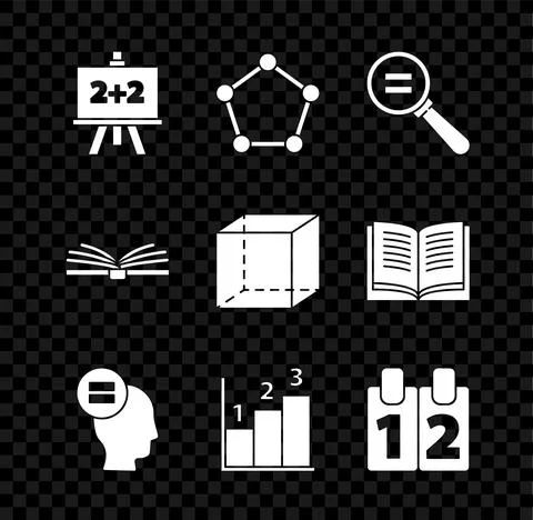 Set Chalkboard, Geometric figure Pentagonal prism, Calculation, Graph, schedule Illustrazione stock