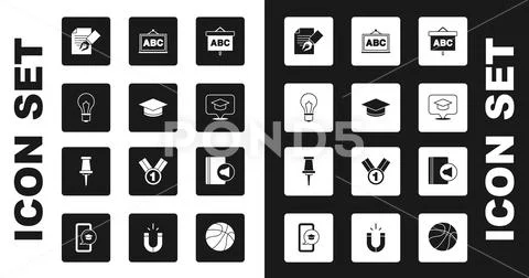 Set Chalkboard, Graduation cap, Light bulb with idea, Exam sheet and ...