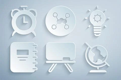 Set Chalkboard, Light bulb, Notebook, Earth globe, Chemical formula and Alarm Stock Illustration