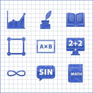 Set Chalkboard, Mathematics function sine, Book with word mathematics, Equation Stock Illustration