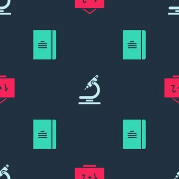 Set Chalkboard, Microscope and Spiral notebook on seamless pattern. Vector Stockillustratie