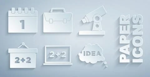 Set Chalkboard, Microscope, Idea, speech bubble, Briefcase and Calendar first Stock Illustration