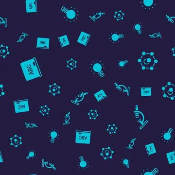 Set Chalkboard, Molecule, Creative lamp light idea and Microscope on seamless Stock Illustration