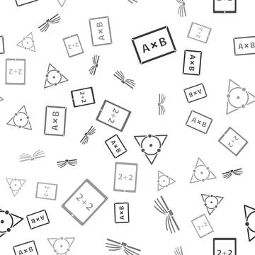 Set Chalkboard, Open book, Triangle math and Tablet with calculator on seamless Illustrazione stock