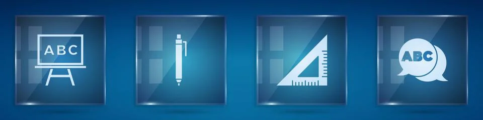 Set Chalkboard, Pen, Triangular ruler and Alphabet. Square glass panels. Vector 스톡 일러스트