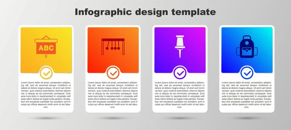 Set Chalkboard, Pendulum, Push pin and School backpack. Business infographi.. Illustrazione stock