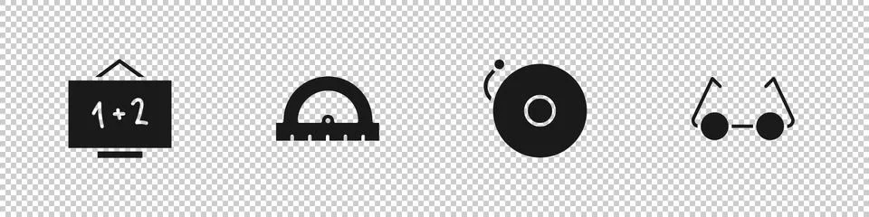 Set Chalkboard, Protractor, Ringing alarm bell and Glasses icon. Vector 库存插图