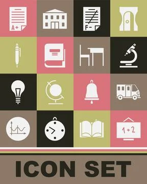 Set Chalkboard, School Bus, Microscope, Exam paper with incorrect answers, Book Stock Illustration