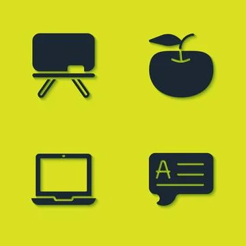 Set Chalkboard, Speech bubbles with Answer, Laptop and Apple icon. Vector Illustrazione stock
