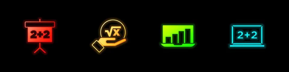Set Chalkboard, Square root of x glyph, Laptop with graph chart and  icon. Ve Illustrazione stock