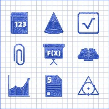 Set Chalkboard, Test or exam sheet, Triangle math, Human brain, Graph, schedule Stock Illustration