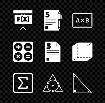 Set Chalkboard, Test or exam sheet and pen, Sigma symbol, Triangle math, Ca.. 스톡 일러스트