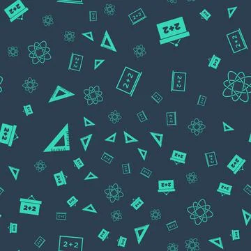 Set Chalkboard, , Triangular ruler and Atom on seamless pattern. Vector Stock Illustration