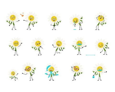 Set of chamomile character with emotions Stock Illustration