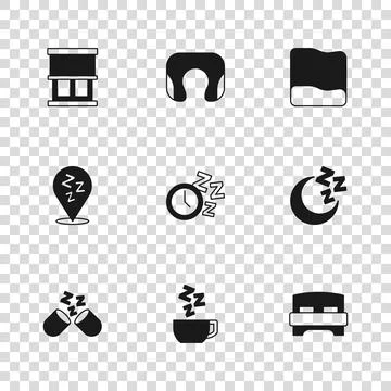 Set Chamomile tea, Moon and stars, Big bed, Alarm clock, Pillow, Window wit.. Stock Illustration