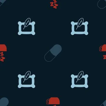 Set Chamomile tea, Sleeping pill and Pillow on seamless pattern. Vector Stock Illustration