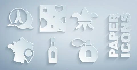 Set Champagne bottle, Fleur De Lys, Map of France, Perfume, Cheese and Eiffel Illustration