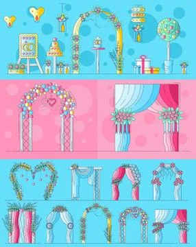 Set of chancels wedding ceremony with different flowers and decorations. Layout Stock Illustration
