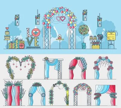 Set of chancels for wedding ceremony with different flowers and decorations Stock Illustration
