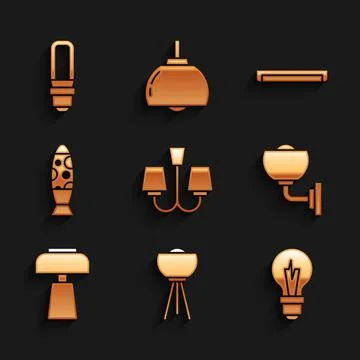 Set Chandelier, Floor lamp, Light bulb, Wall sconce, Table, Fluorescent and LED Stock Illustration