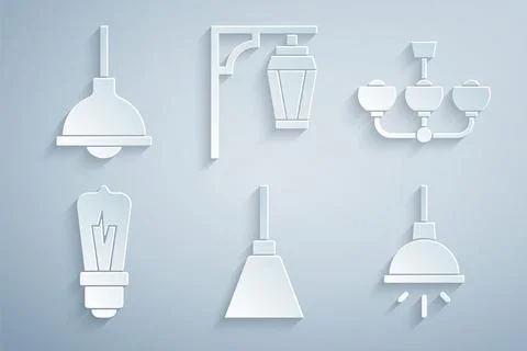 Set Chandelier, Light bulb, Vintage street light and Lamp hanging icon. Vecto Stock Illustration