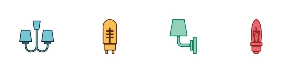 Set Chandelier, Light emitting diode, Wall lamp or sconce and bulb icon. Vector Stock Illustration