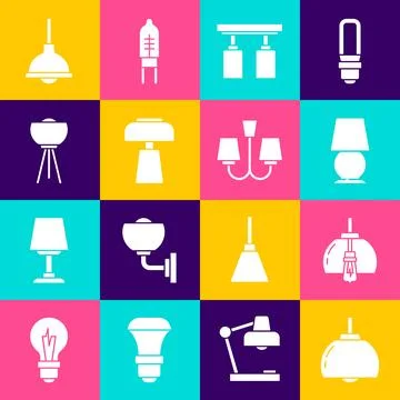 Set Chandelier, Table lamp, Led track lights lamps, Floor, Lamp hanging and.. Stock Illustration