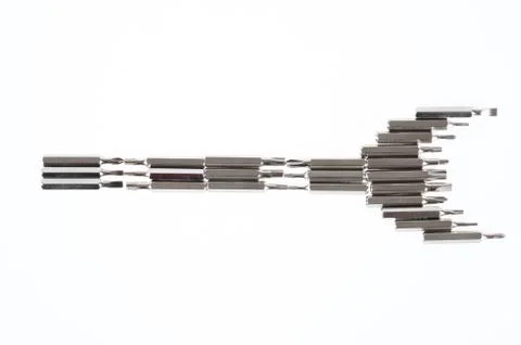 Set of changable nozzels to use with a screwdriver arrange in wrench shape Stock Photos