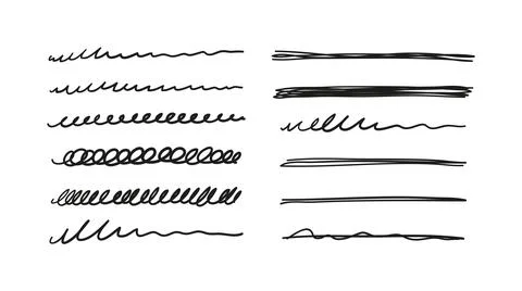 A set of chaotic scribble lines, swirls, waves, strikethroughs. Collection of Illustrazione stock